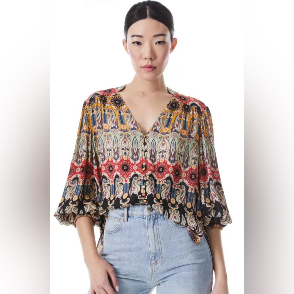 Alice + Olivia Serena Mandarin Collar Blouse Size XL